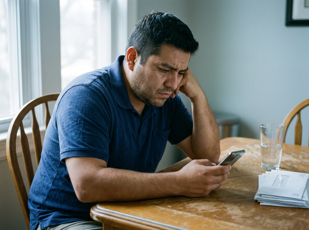 A tired man in his mid-30s sitting at a kitchen table looking at his phone, morning light from a window, candid and unposed.