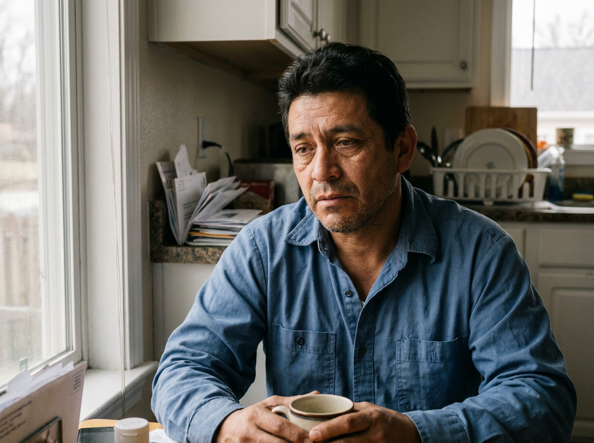 A middle-aged Latino man sitting at his kitchen table holding a coffee mug, looking distracted and tired, soft overcast light from a nearby window.