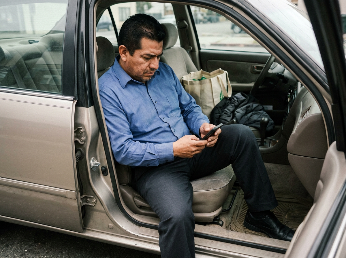 A middle-aged Latino man sitting in an open car door, looking at his phone with a concerned expression after what appears to have been a stressful drive.