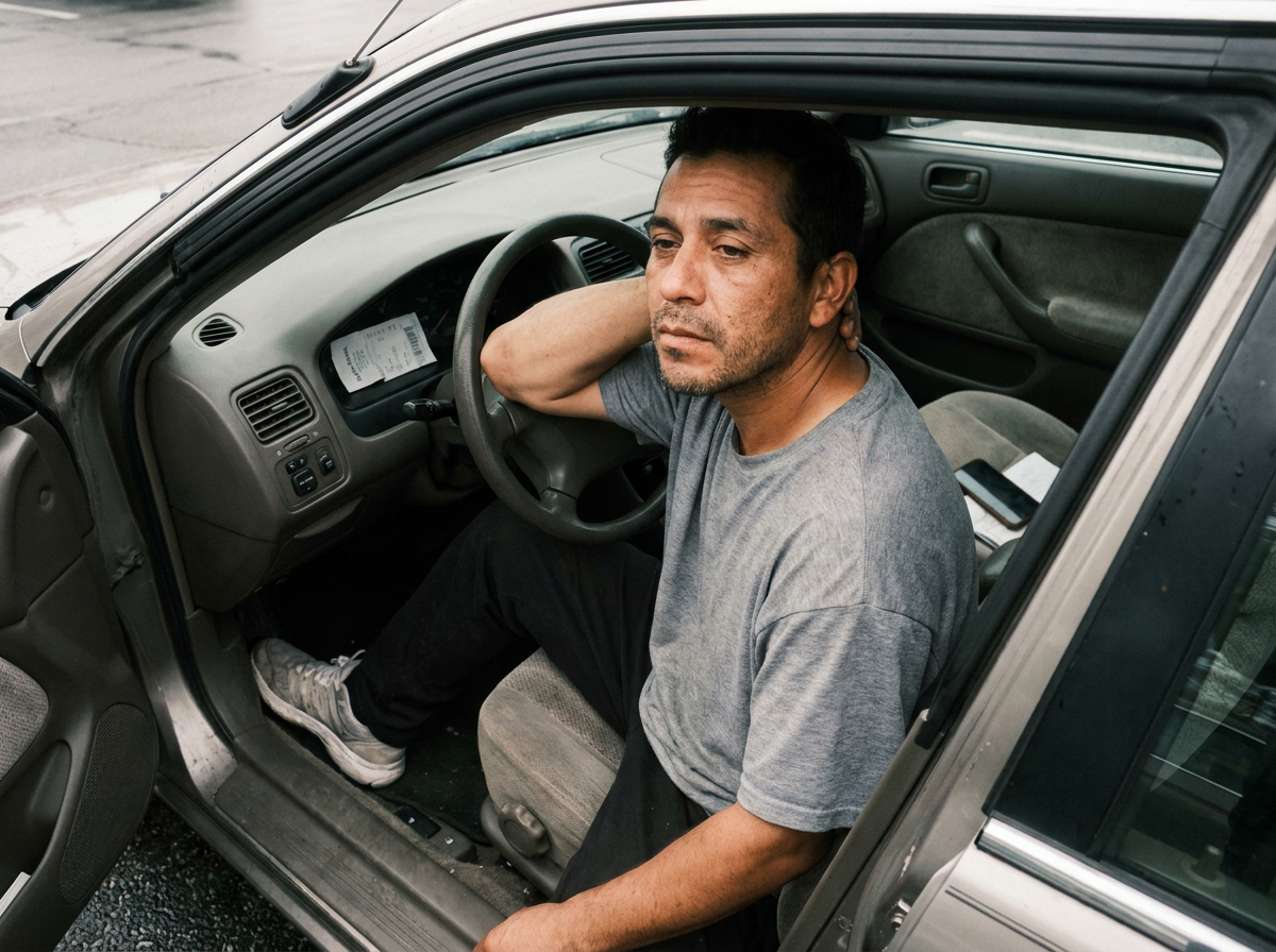 A man in his late 30s sitting in the driver's seat of a parked car rubbing the back of his neck, looking tired, flat daylight coming through the passenger window.