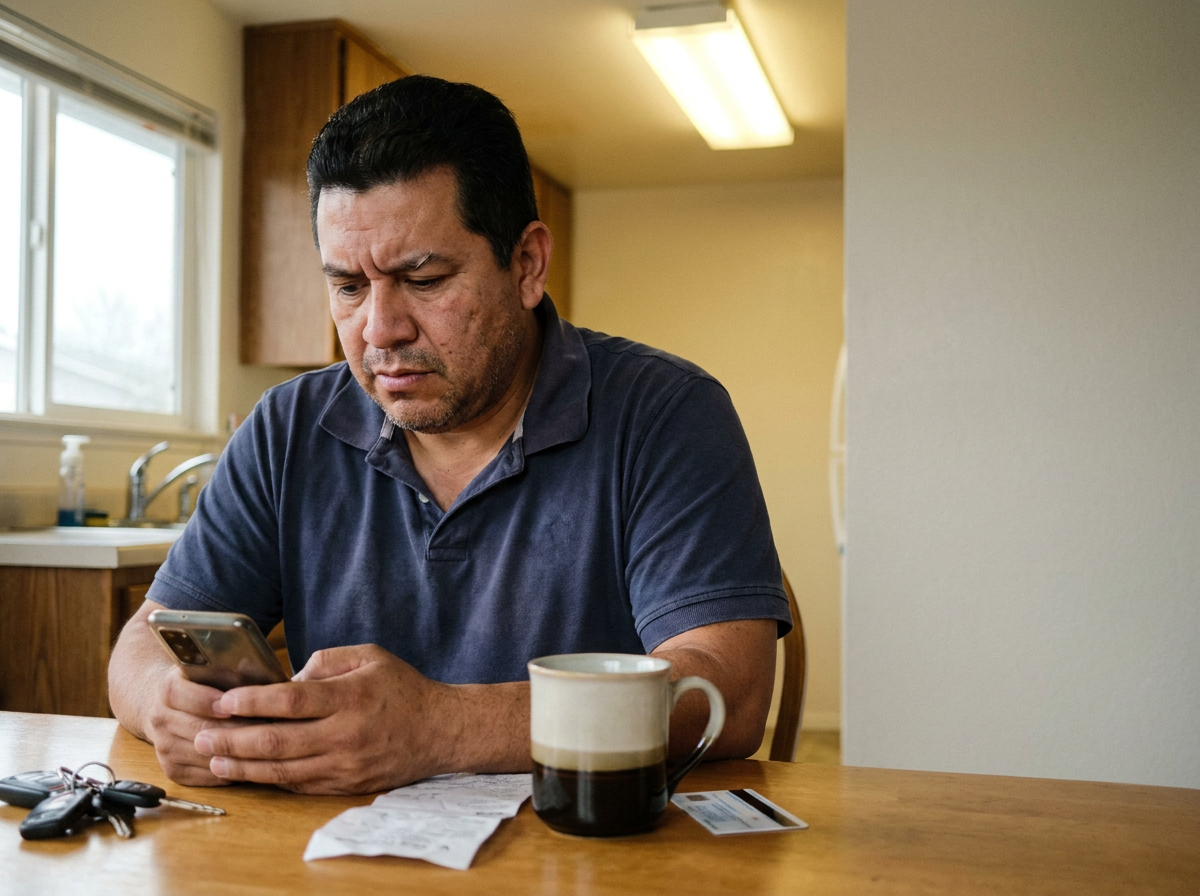Middle-aged man sitting at a kitchen table looking at his phone with concern, coffee and insurance card on the table beside him.