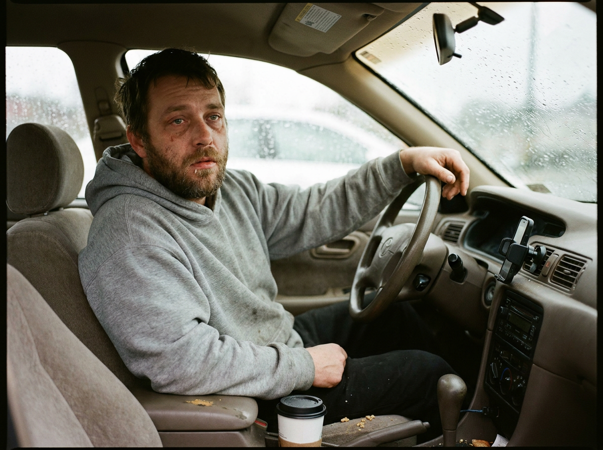 A man in his early 40s sitting in a parked car staring through the windshield with a tired, dazed expression after what appears to have been a stressful event.