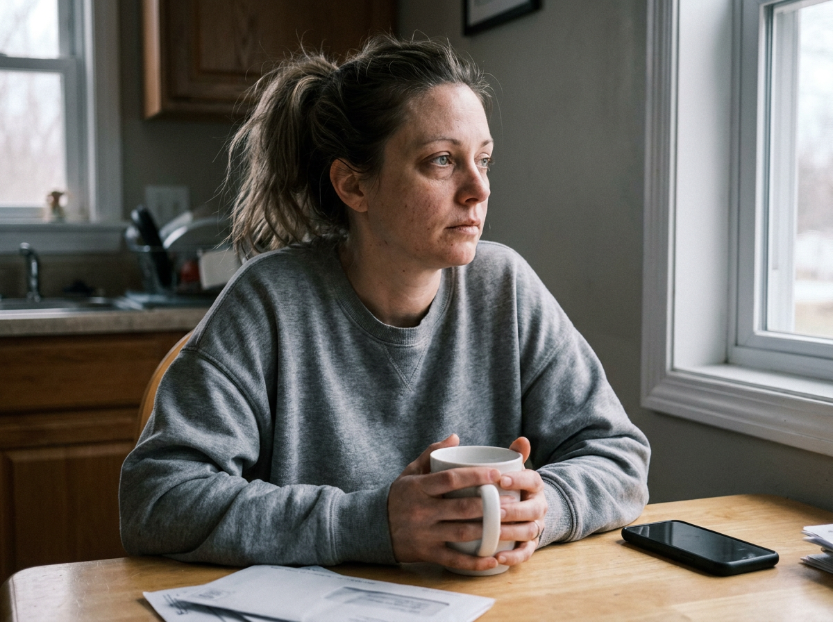 Woman sitting at a kitchen table in the morning, holding a mug and looking tired and distracted