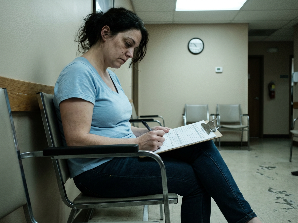 Woman in her late 30s completing intake paperwork in a chiropractic waiting room, pen in hand, looking down at the clipboard