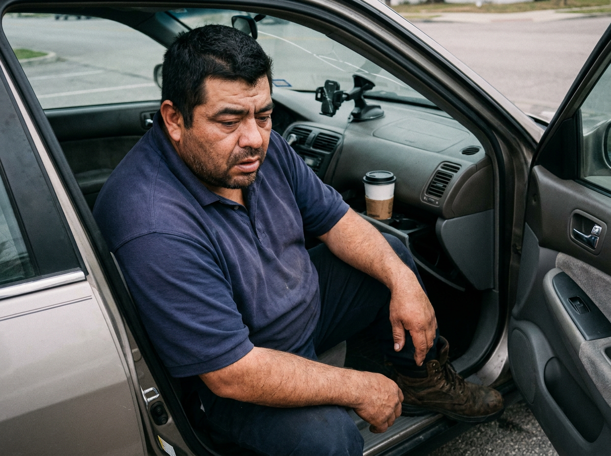 A tired man sitting in the open door of his parked car after an accident, looking down in thought
