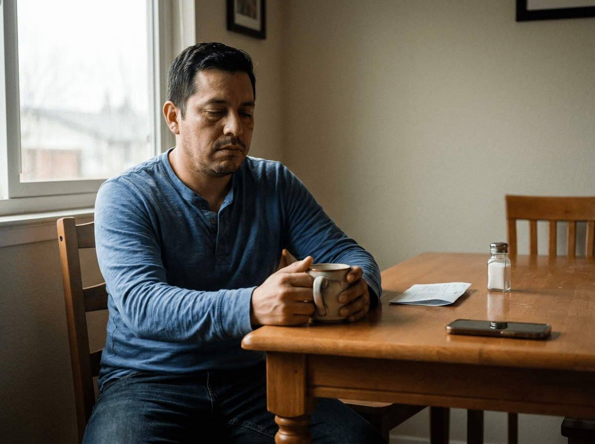 A Latino man in his late 30s sitting at a kitchen table, hands wrapped around a mug, looking down with a tired, uncertain expression in flat morning window light.