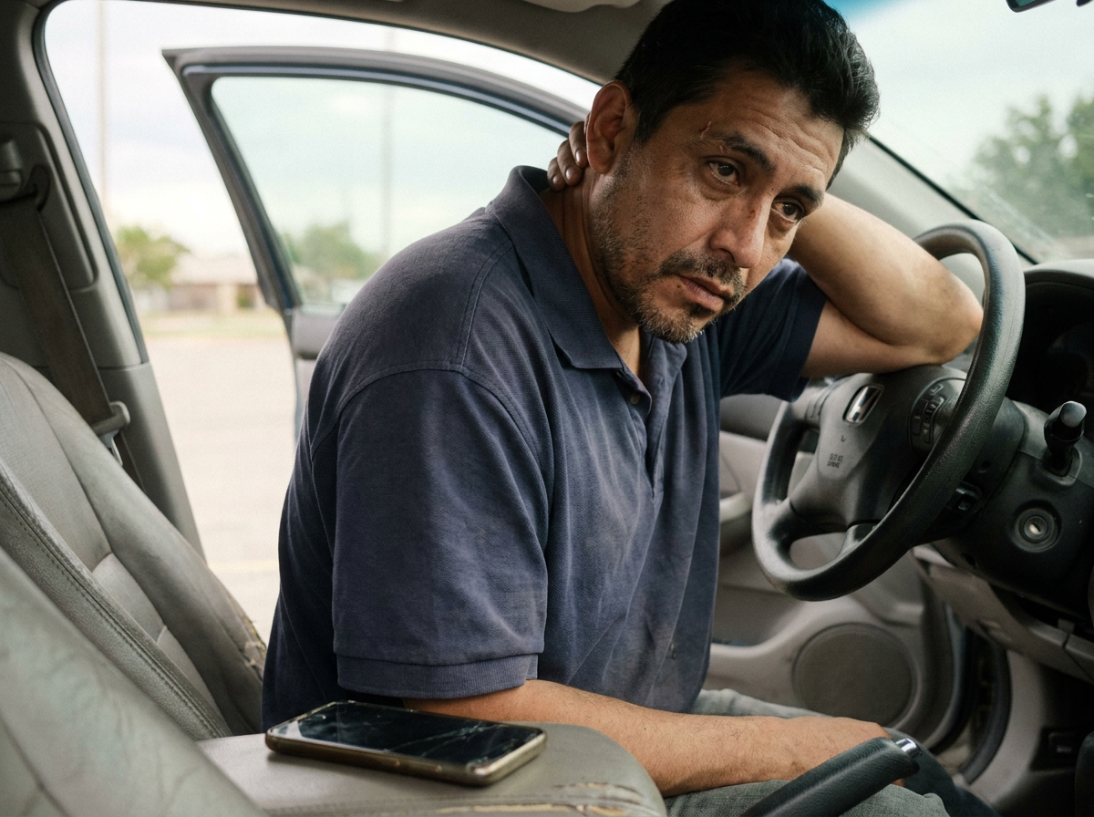 A man in his 40s sits in an open car door rubbing the back of his neck, looking tired and distracted, parked car interior in soft overcast light.