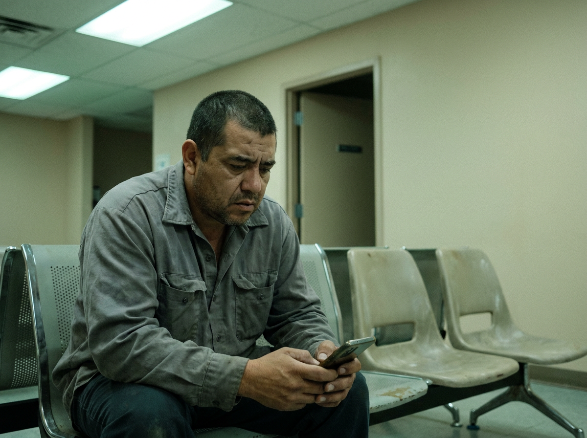 Man in a waiting room looking at his phone with a tired, uncertain expression after a car accident