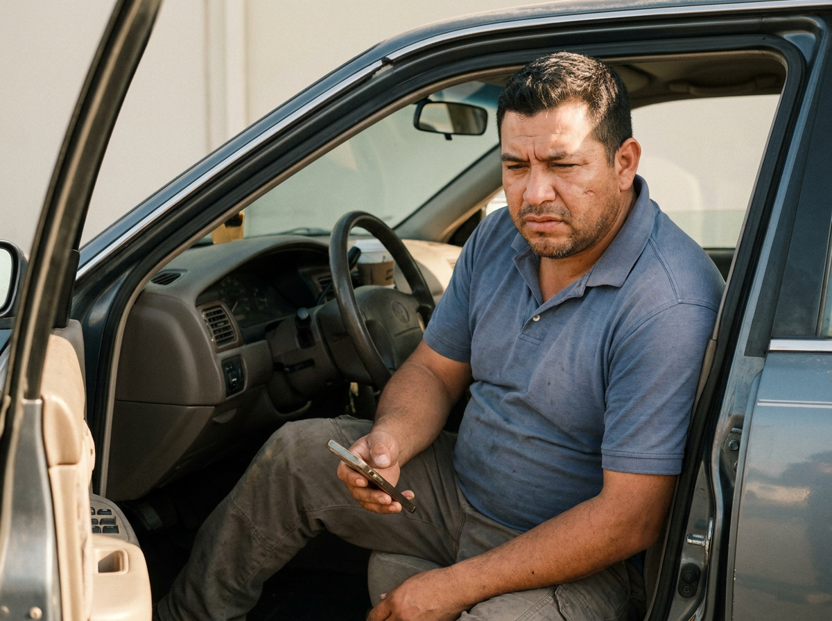 A tired man sitting in the driver's seat of a parked car looking at his phone after an accident