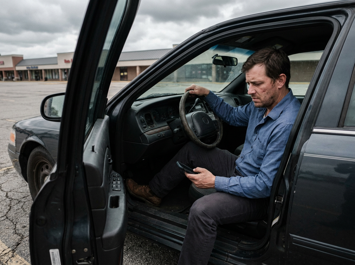 A tired man in his 30s sitting in the driver's seat of a parked car, looking at his phone with a furrowed brow, overcast daylight through the windshield.