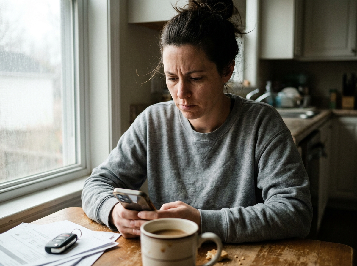 Woman at kitchen table looking at her phone with a worried expression, coffee mug in the foreground, natural window light