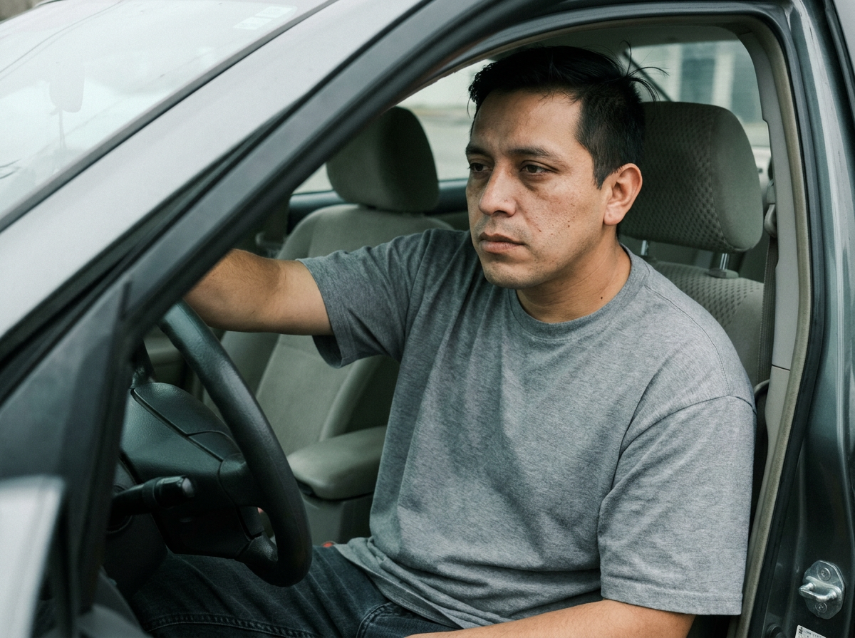 Man sitting in a parked car after an accident, looking distracted and uncertain