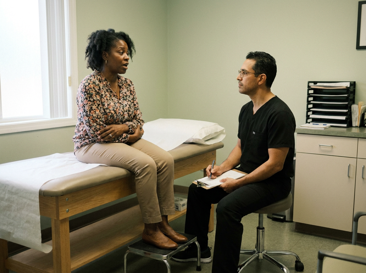 A woman in her late 40s talking with a clinician in scrubs during an exam room consultation at a chiropractic clinic