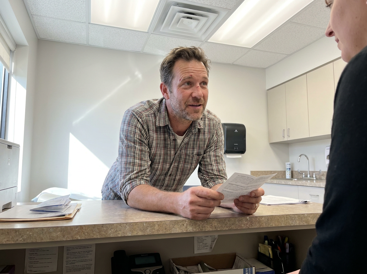 Middle-aged man in a clinic consultation room listening and leaning forward, holding paperwork