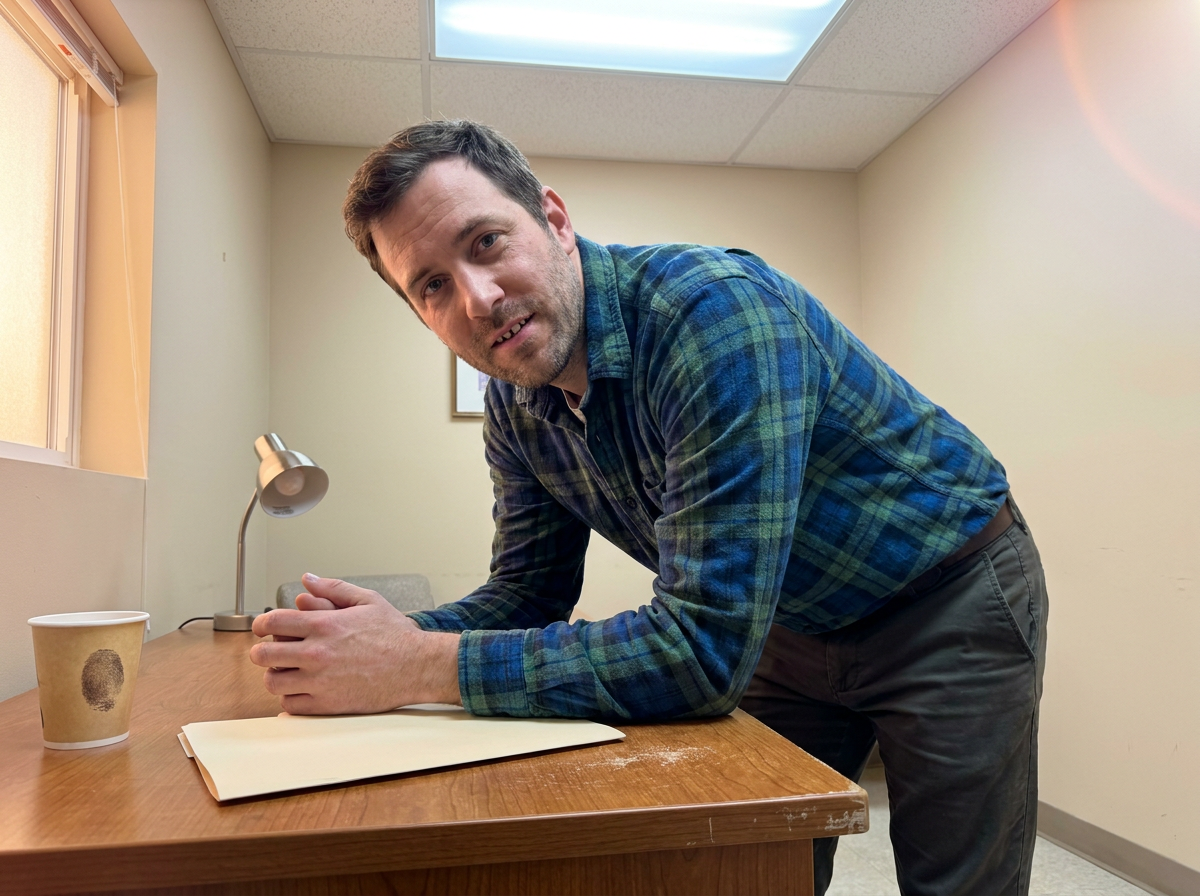 Man in his late thirties mid-conversation in a plain clinic consultation room, leaning forward with a natural, slightly uncertain expression.