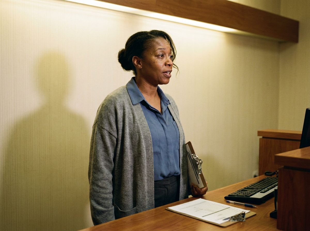 A receptionist in her late 40s at a medical office counter mid-conversation, holding a clipboard, warm fluorescent lighting.