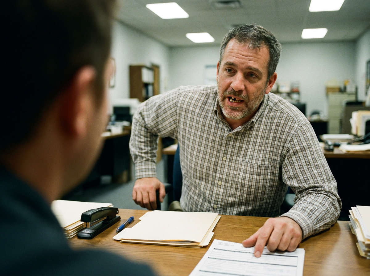 Middle-aged man in a plaid shirt seated across a desk, mid-conversation, gesturing toward paperwork under flat fluorescent office light.