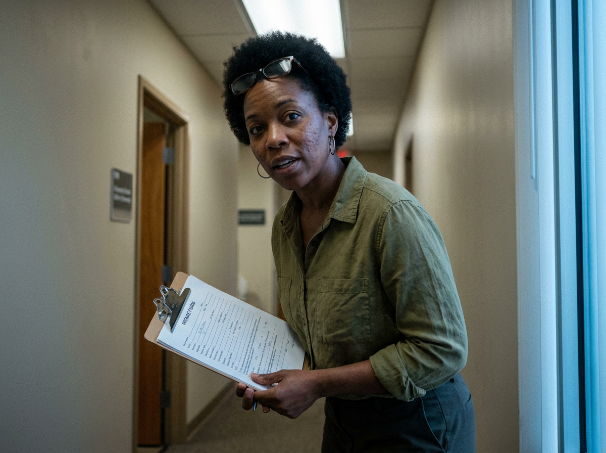 A Black woman in her late 30s standing in a clinic hallway holding a clipboard with paperwork, mid-conversation, under fluorescent light.