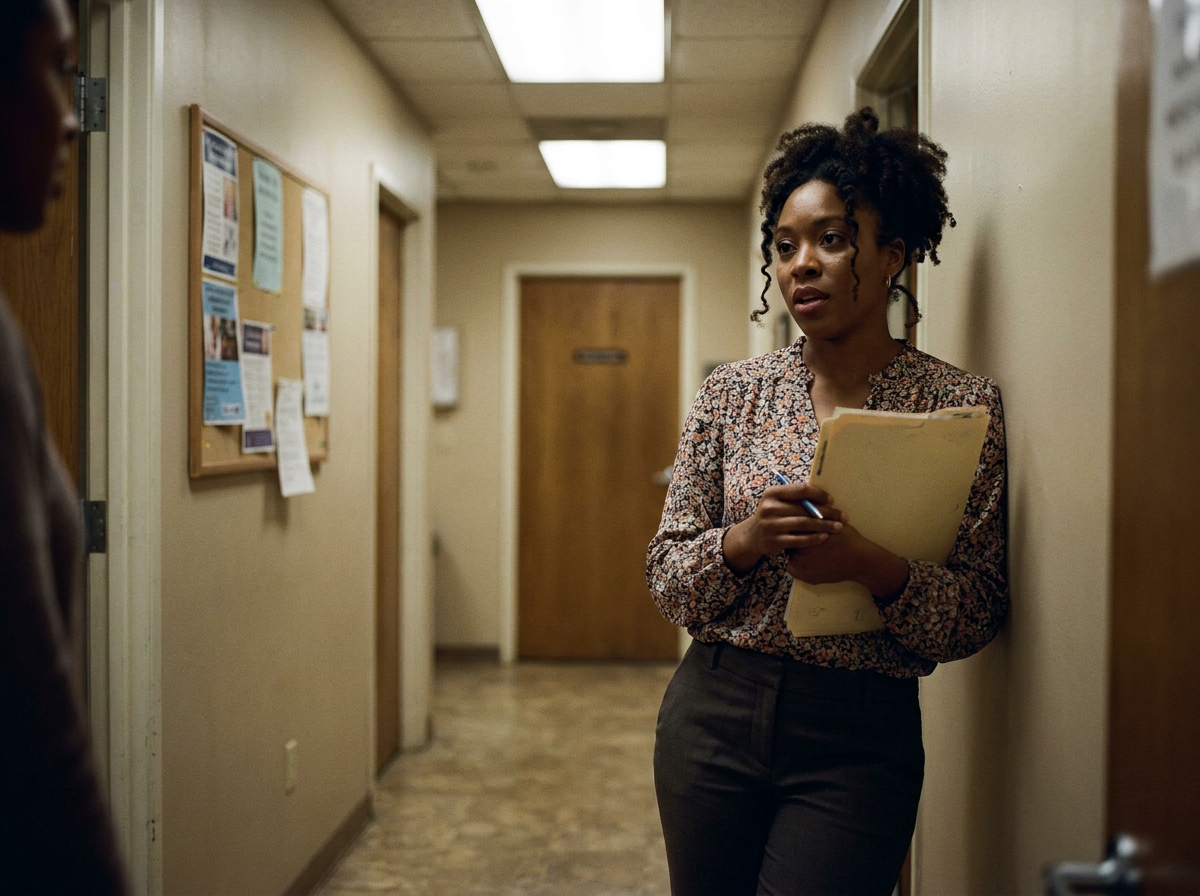 A woman in her late 30s in a medical office hallway, mid-conversation, holding paperwork under fluorescent light.