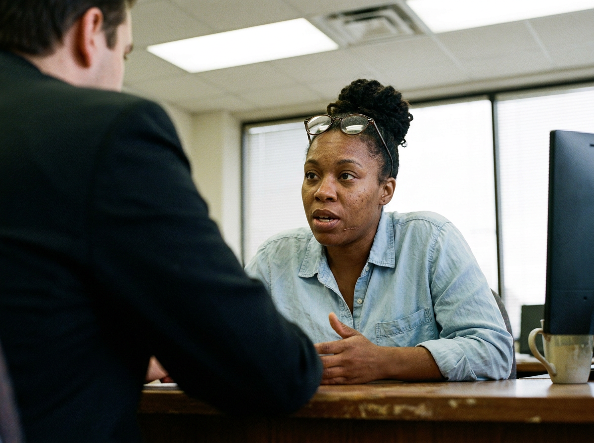 A woman in her mid-40s seated across a desk in conversation, leaning forward mid-sentence, fluorescent and window light mixing in a plain office room.