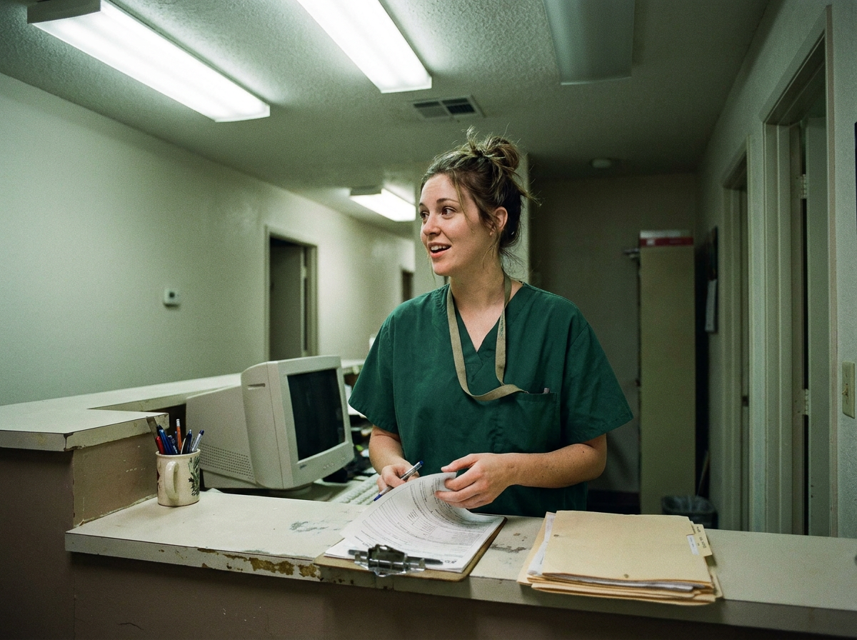 Female clinic staff member reviewing paperwork at a front desk in a medical office, mid-conversation.