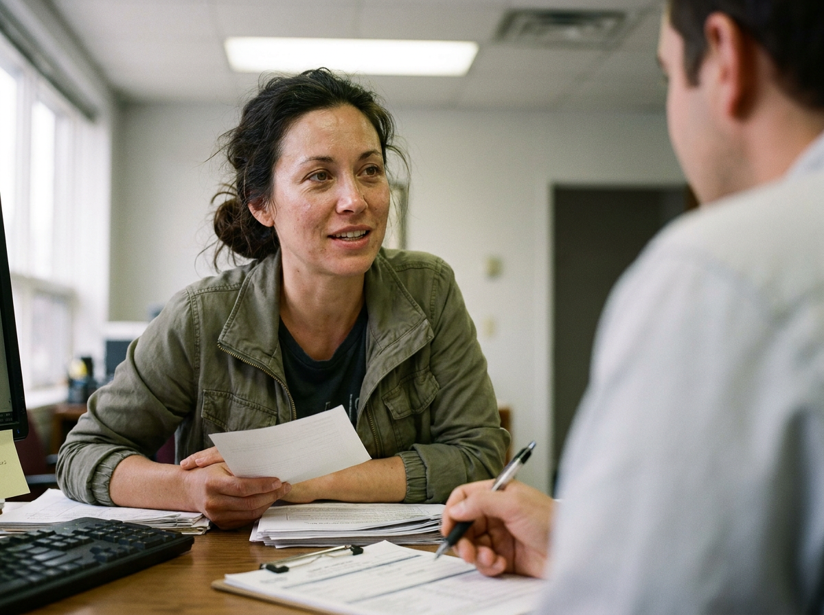 A woman in her late 30s sitting at a front desk speaking with a healthcare office staff member, holding paperwork in a plain waiting room setting.