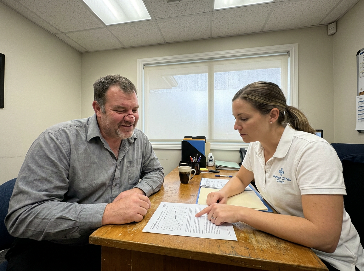 Patient and clinic staff member reviewing a document together at a desk in a chiropractic office