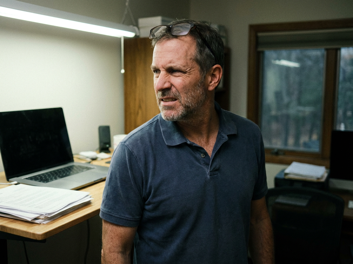 Middle-aged man at a standing desk turning his neck stiffly while working from home