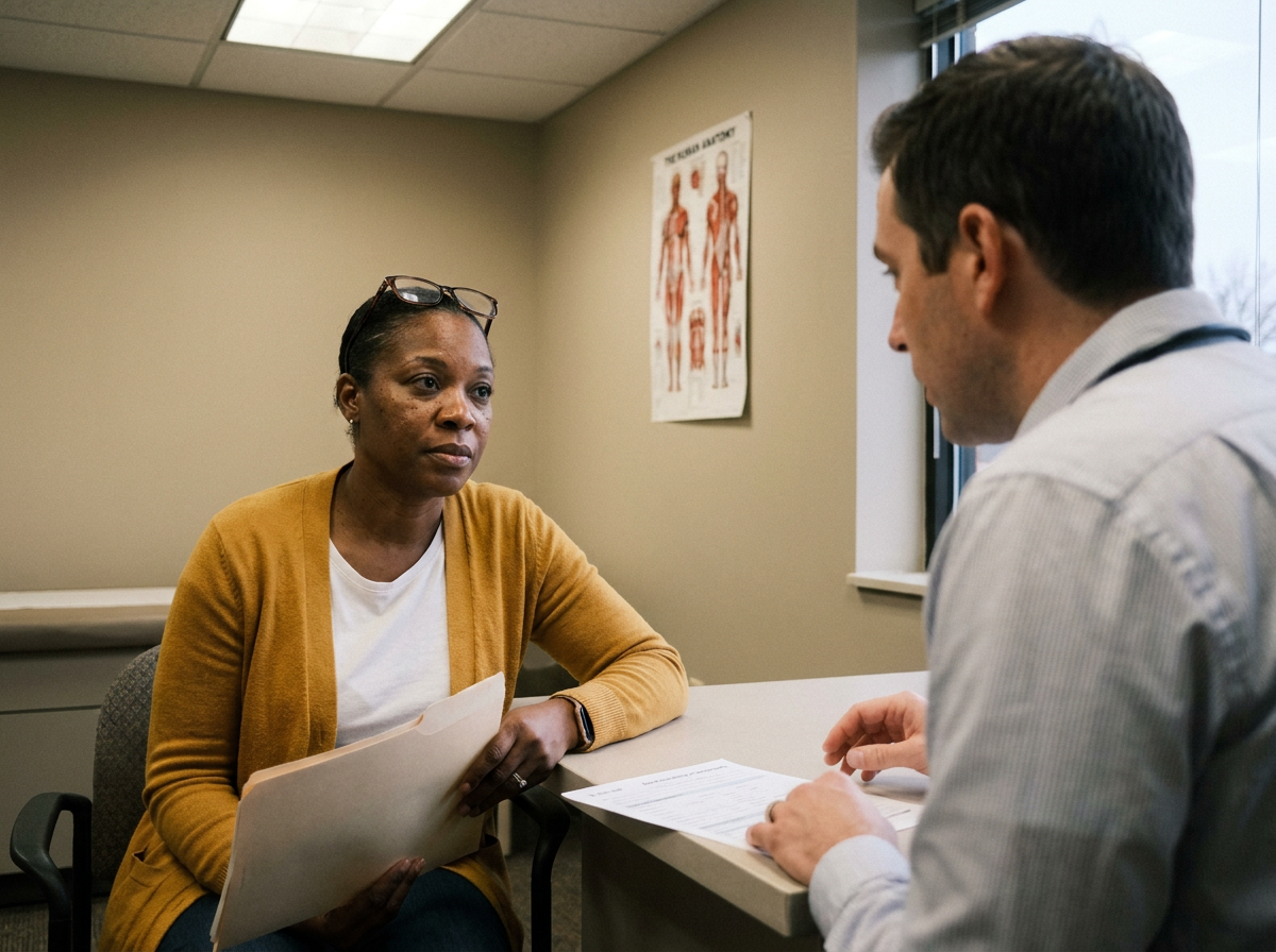 A woman in her 40s in a consultation room listening to a clinician explain her exam findings