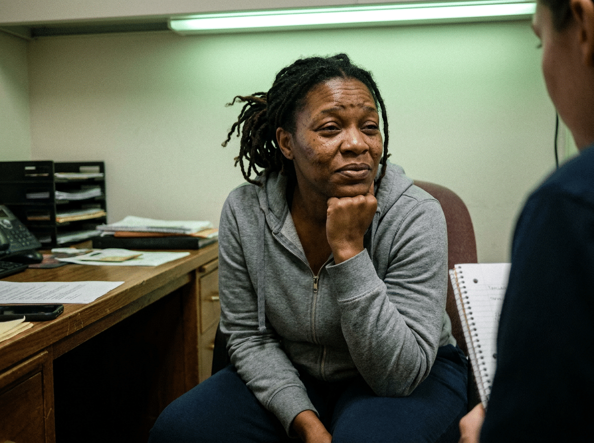 A Black woman in her mid-40s sitting across a small desk, listening attentively during a consultation, lit by flat fluorescent overhead light.