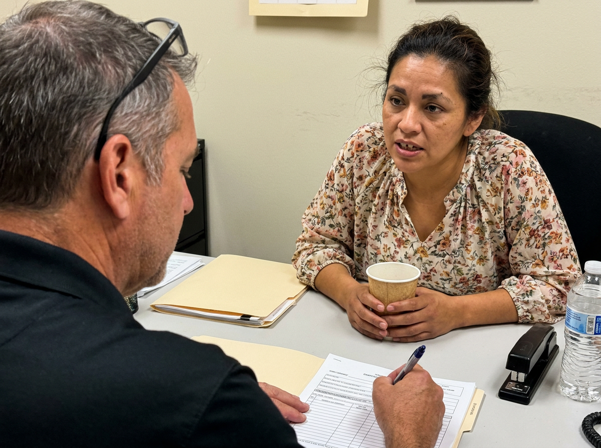 A woman in her 30s speaks to a practitioner across a desk who takes handwritten notes, in a plainly lit clinic office.