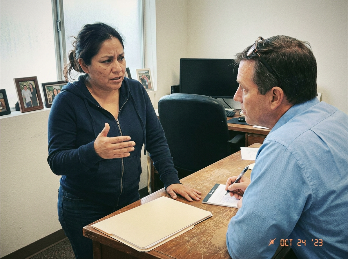 Woman speaking with a healthcare provider at an office desk, mid-conversation, natural window light