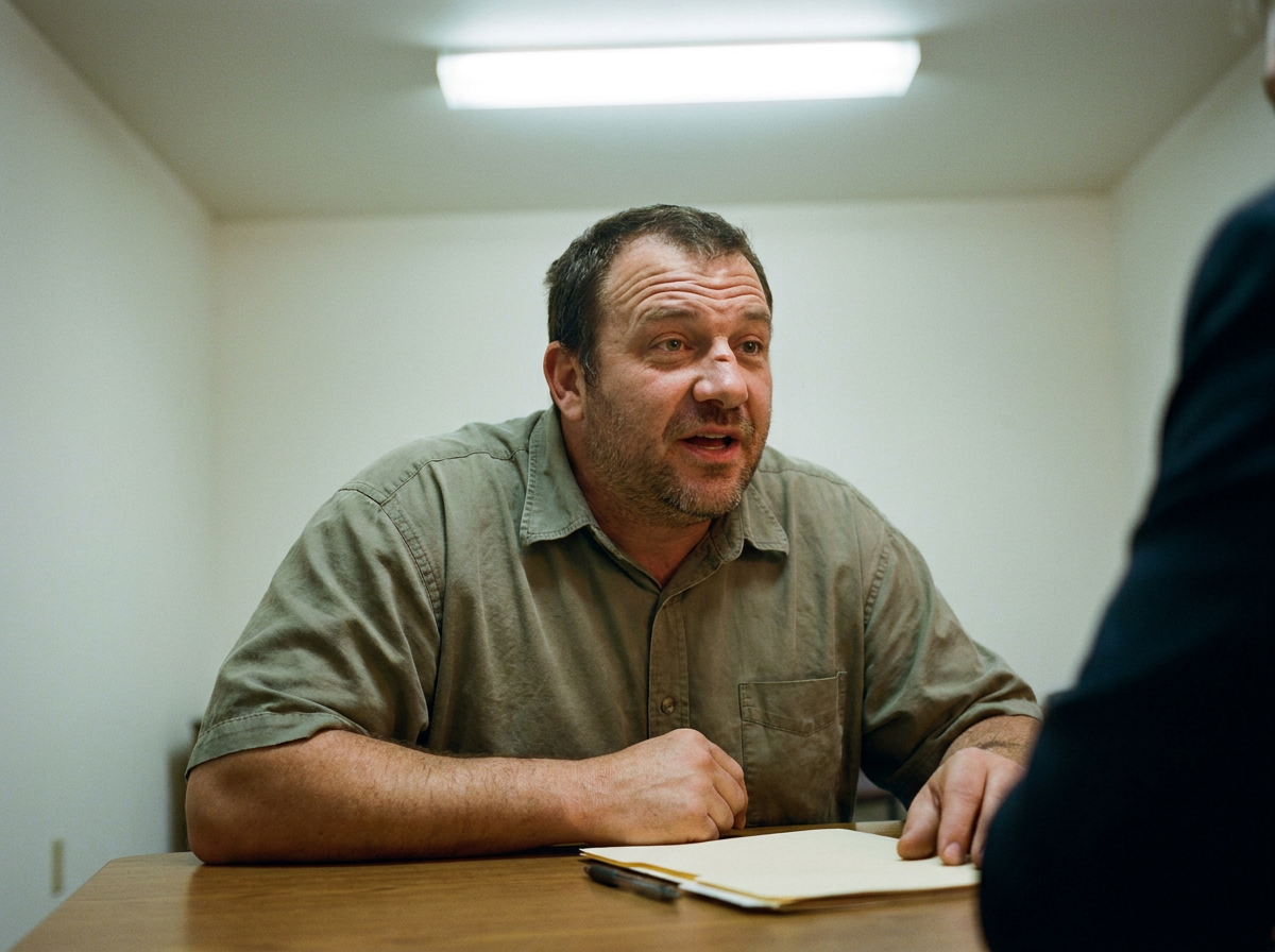 Man leaning forward at a desk mid-conversation, in a plain office room with fluorescent lighting