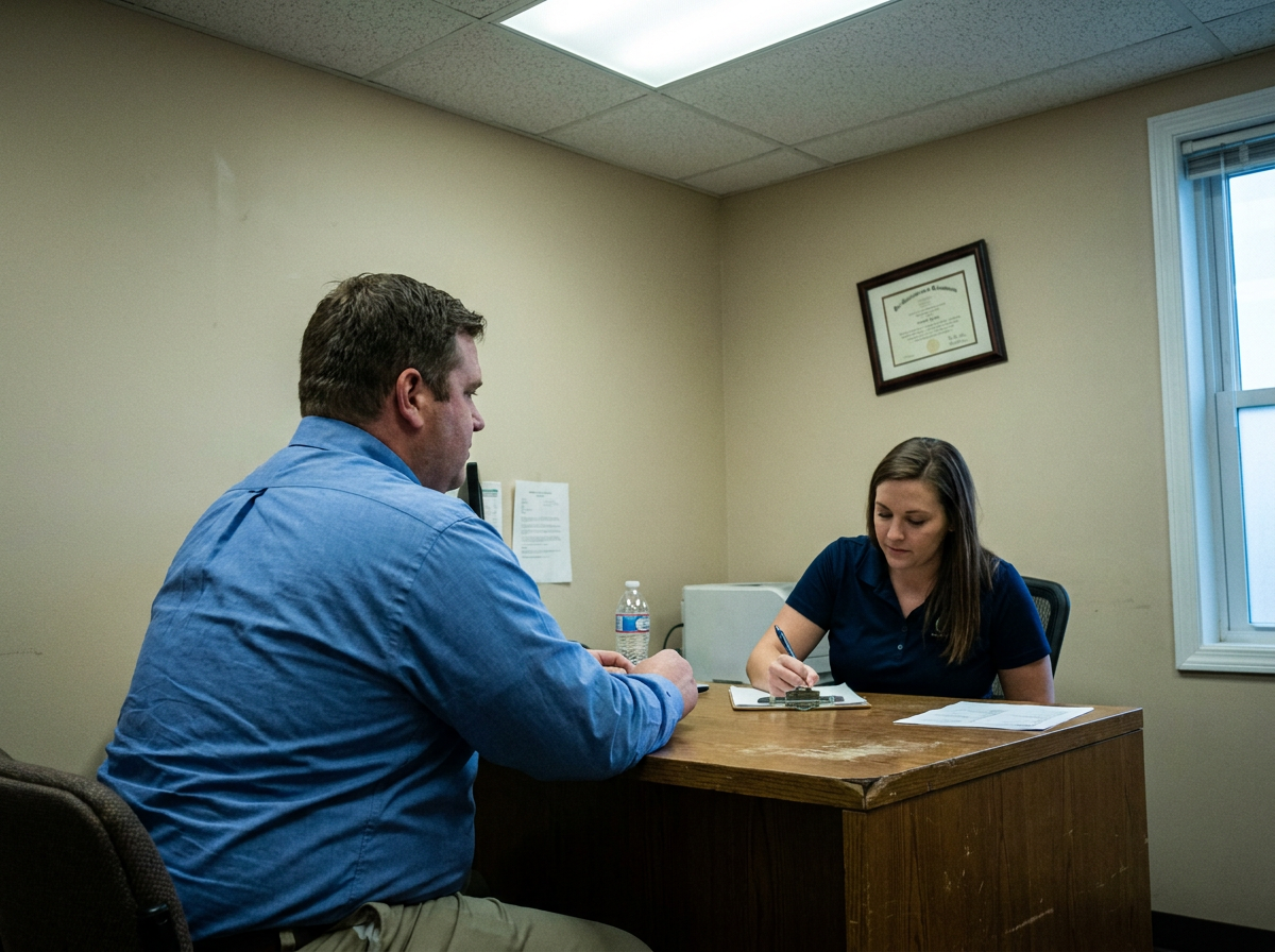 Patient sitting across from a clinic staff member during an intake conversation at a front desk