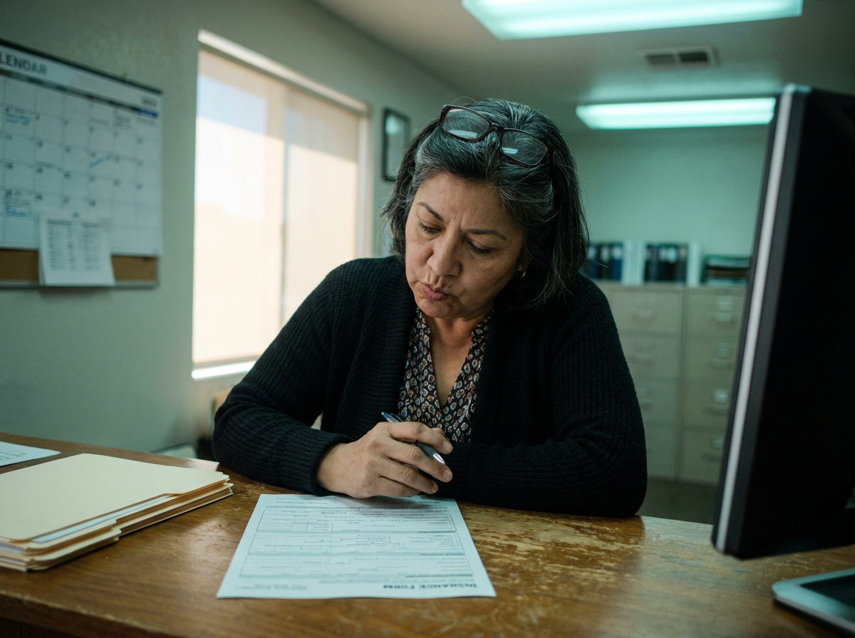 A clinic staff member reviewing PIP paperwork at a front desk under fluorescent office lighting