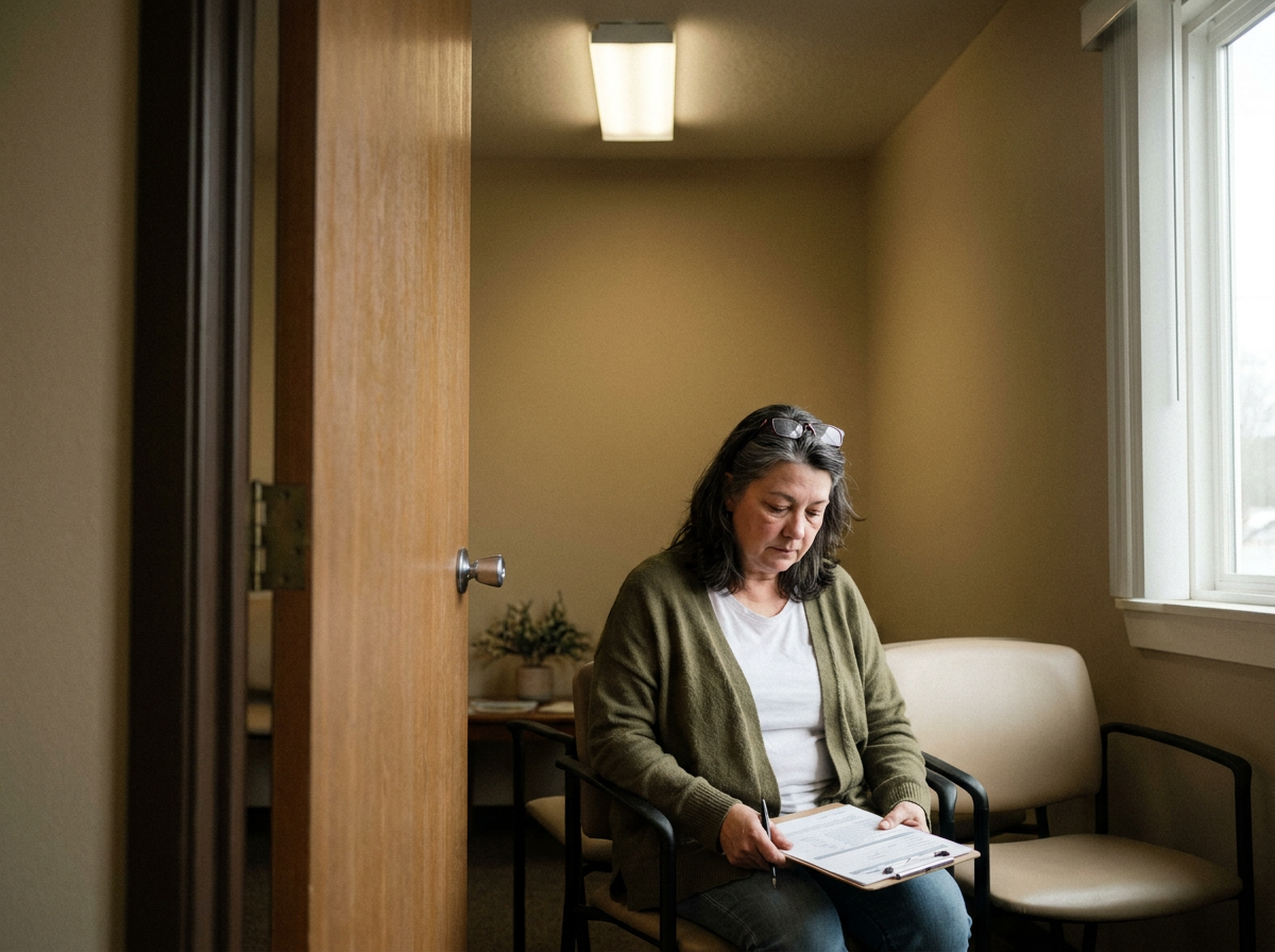 Woman filling out intake paperwork on a clipboard while seated in a plain clinic waiting room