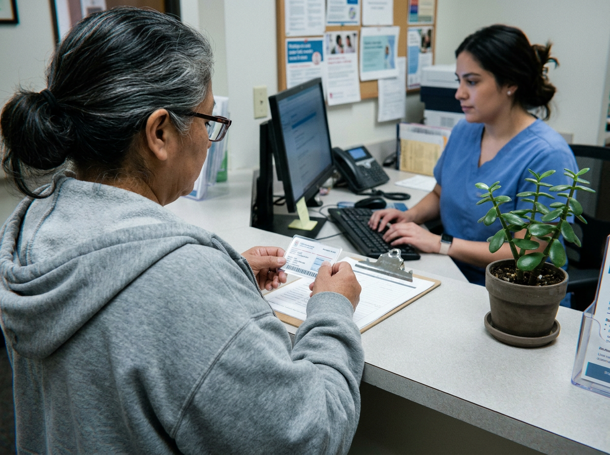 A Latina woman in her early 50s stands at a clinic reception counter reviewing her insurance card while a receptionist types at a computer.