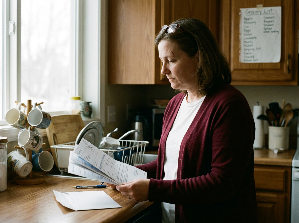 Woman in her early fifties looking down at insurance paperwork spread on a kitchen counter, caught in a quiet, slightly stressed moment.