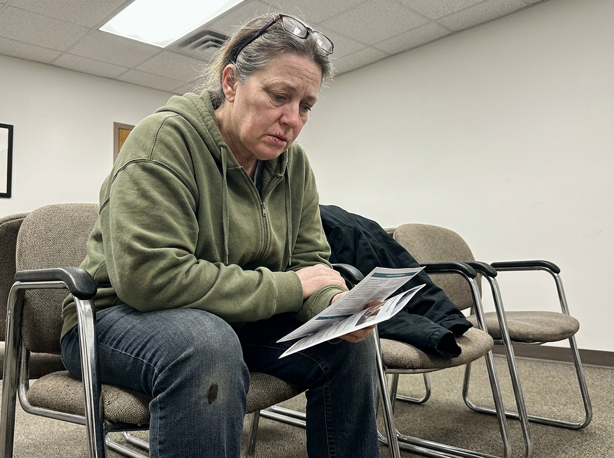 A woman in her early 50s sitting in a waiting room reading a pamphlet, fluorescent lighting, candid and unposed.