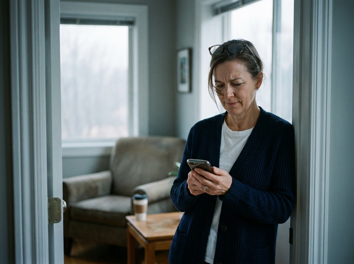 Woman in her early 50s standing near a window reading her phone with both hands, reading glasses on her forehead, framed through a doorway in flat grey light.