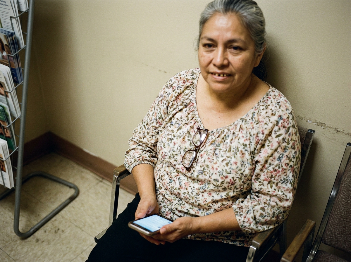 A Hispanic woman in her early 50s sitting in a clinic waiting room, phone in her lap, expression calm and slightly distracted.