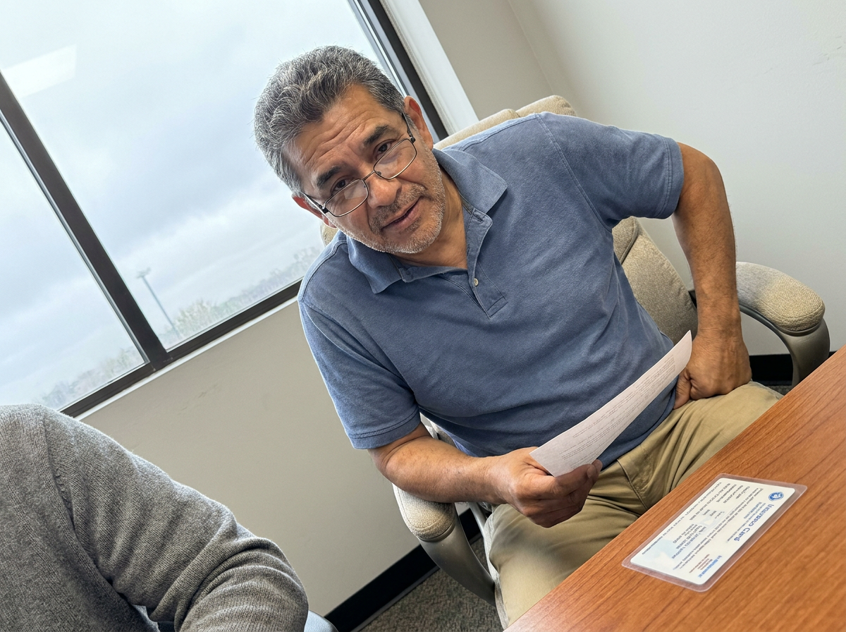 A middle-aged man reviewing paperwork at a desk in a chiropractic office, wearing reading glasses and a polo shirt.