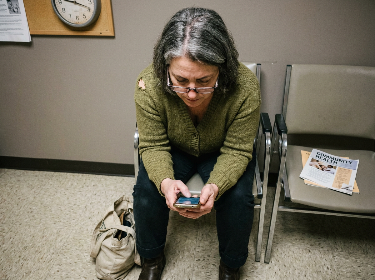 A woman in her early 50s sitting in a waiting room chair scrolling on her phone, canvas bag at her feet, overhead fluorescent light, caught from a high angle.