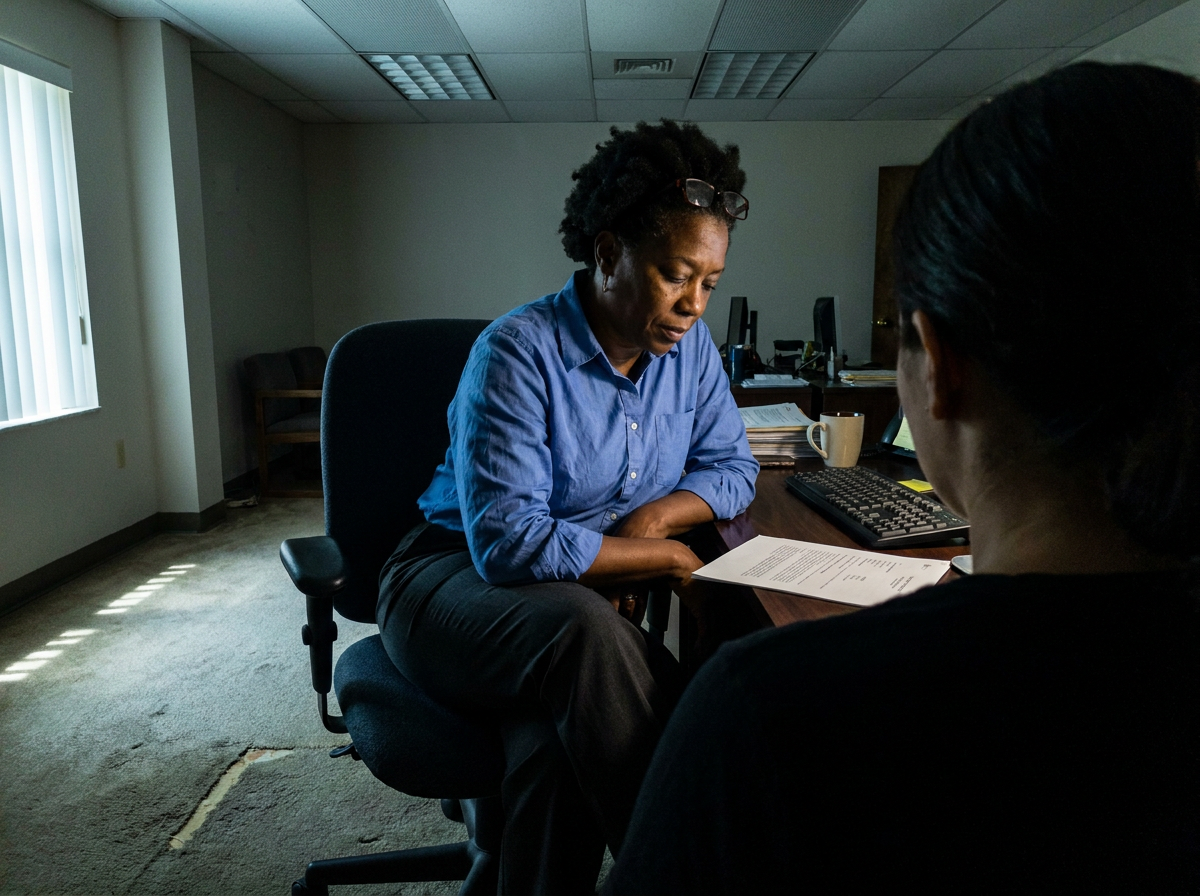Woman in her fifties leaning forward to review a printed document during a consultation at a desk.