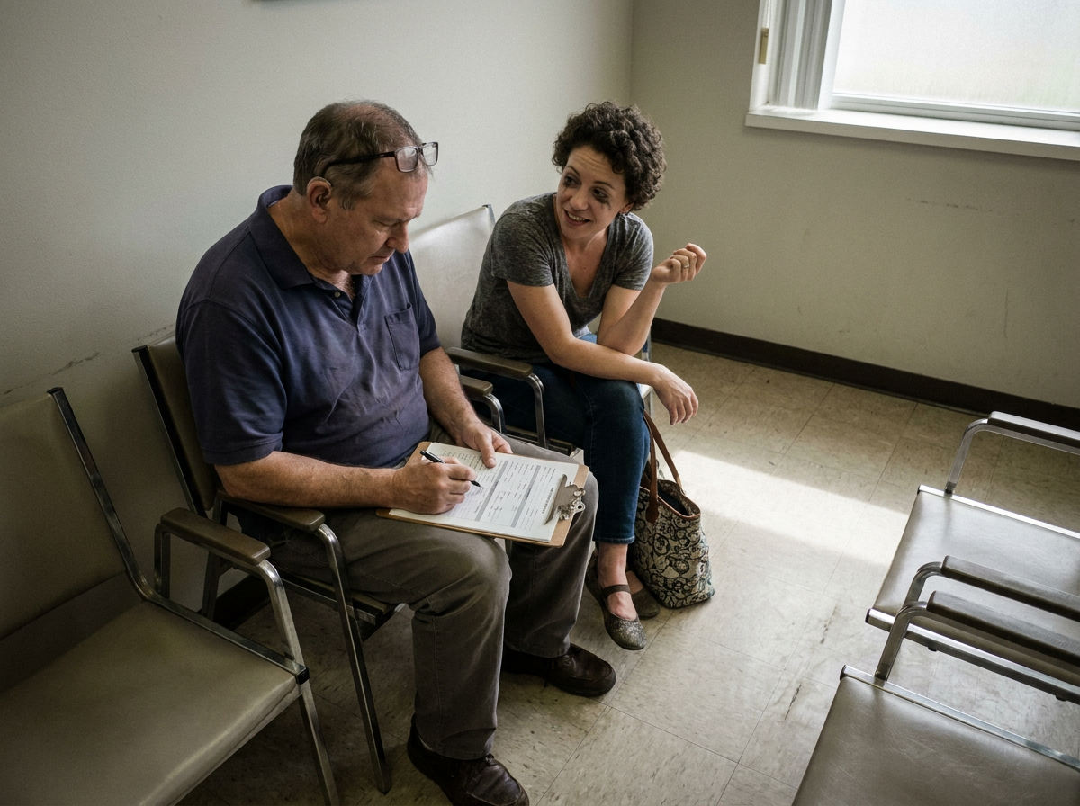 Two people of different ages sitting in a plain medical waiting room, one filling out intake paperwork while the other speaks to them.