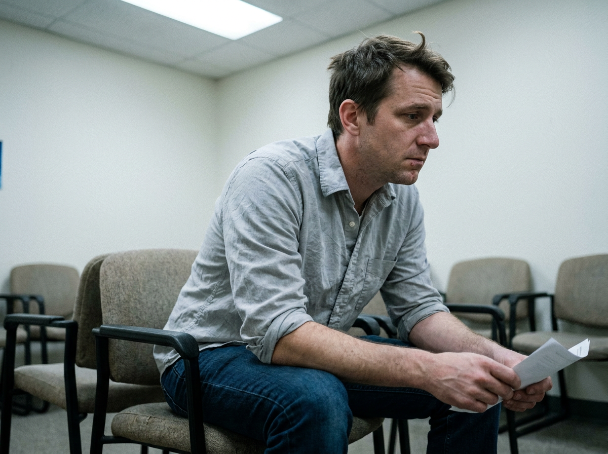 Man sitting in a clinic waiting room reading a form, expression calm but uncertain