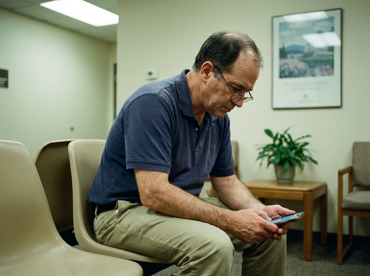 Middle-aged man sitting in a clinic waiting room looking at his phone before his appointment