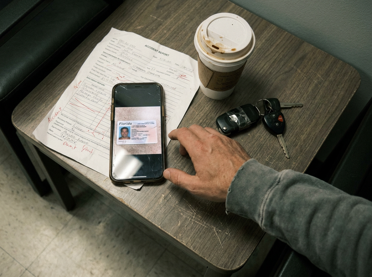 A close-up of a waiting room table with an insurance card, accident report, and car keys before a clinic visit