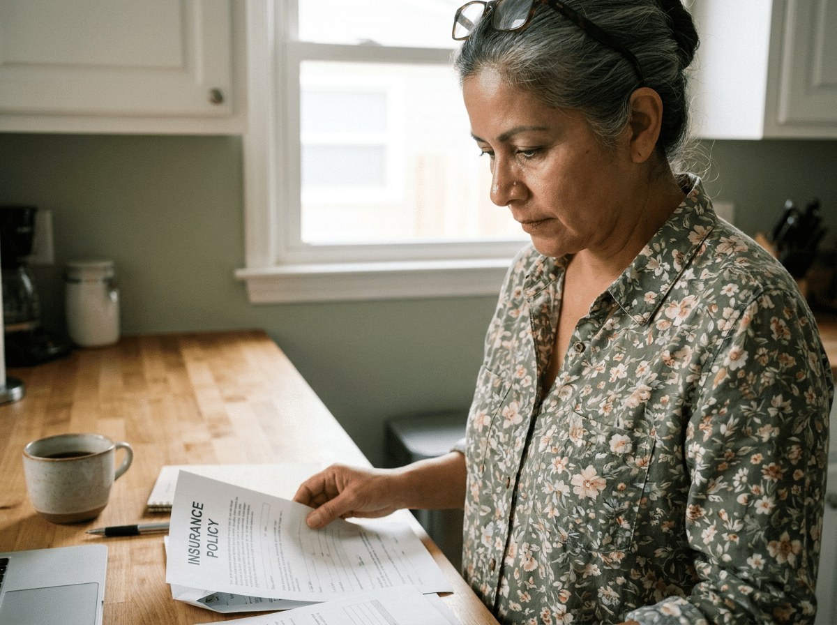 A Latina woman in her early 50s standing at a kitchen counter reviewing insurance paperwork, caught mid-page-turn in flat window light.