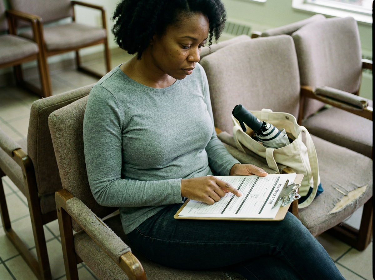 A woman in her late 30s reviews an insurance form on a clipboard in a modest clinic waiting room under fluorescent light.